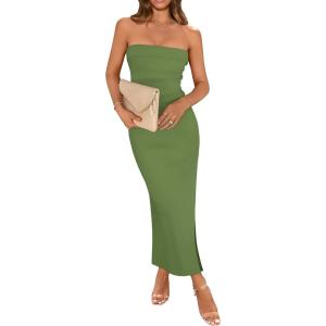 imageWIHOLL Womens Summer Dresses 2025 Fall Bodycon Maxi Tube Dress Strapless Side Slit Vacation OutfitsC Green