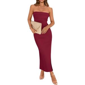 imageWIHOLL Womens Summer Dresses 2025 Fall Bodycon Maxi Tube Dress Strapless Side Slit Vacation OutfitsC Wine Red