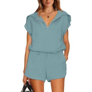 imageWIHOLL Womens Two Pieces Outfits Summer Half Zip Lapel Collar Short Sleeve Sweatshirt Lounge Set Tracksuit Sets1turquoise