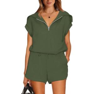 imageWIHOLL Womens Two Pieces Outfits Summer Half Zip Lapel Collar Short Sleeve Sweatshirt Lounge Set Tracksuit SetsArmy Green