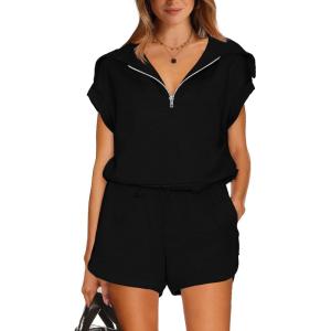 imageWIHOLL Womens Two Pieces Outfits Summer Half Zip Lapel Collar Short Sleeve Sweatshirt Lounge Set Tracksuit SetsBlack