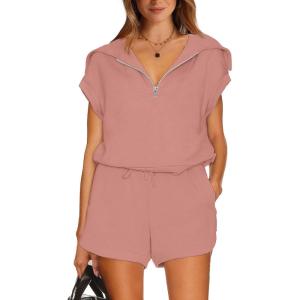 imageWIHOLL Womens Two Pieces Outfits Summer Half Zip Lapel Collar Short Sleeve Sweatshirt Lounge Set Tracksuit SetsCarmine