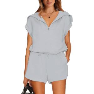 imageWIHOLL Womens Two Pieces Outfits Summer Half Zip Lapel Collar Short Sleeve Sweatshirt Lounge Set Tracksuit SetsGrey