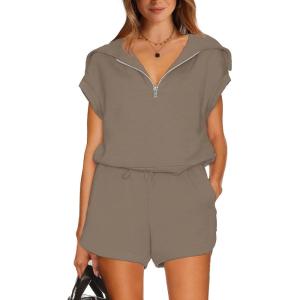 imageWIHOLL Womens Two Pieces Outfits Summer Half Zip Lapel Collar Short Sleeve Sweatshirt Lounge Set Tracksuit SetsKhaki
