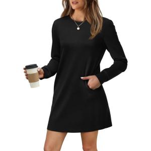 imageWIHOLL Dresses for Women Long Sleeve Casual Loose Fit Fall Fashion Crewneck Mini Dress with PocketsA  Black