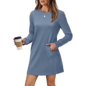 imageWIHOLL Dresses for Women Long Sleeve Casual Loose Fit Fall Fashion Crewneck Mini Dress with PocketsA  Blue