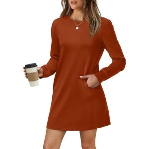 imageWIHOLL Dresses for Women Long Sleeve Casual Loose Fit Fall Fashion Crewneck Mini Dress with PocketsA  Caramel