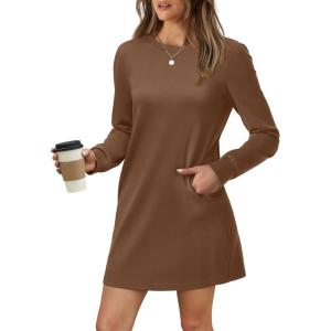 imageWIHOLL Dresses for Women Long Sleeve Casual Loose Fit Fall Fashion Crewneck Mini Dress with PocketsA  Coffee
