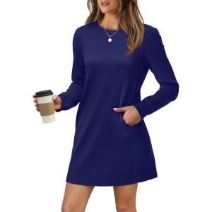 imageWIHOLL Dresses for Women Long Sleeve Casual Loose Fit Fall Fashion Crewneck Mini Dress with PocketsA  Dark Blue
