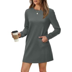 imageWIHOLL Dresses for Women Long Sleeve Casual Loose Fit Fall Fashion Crewneck Mini Dress with PocketsA  Dark Grey