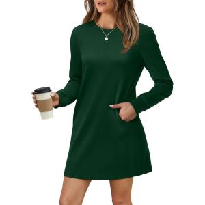 imageWIHOLL Dresses for Women Long Sleeve Casual Loose Fit Fall Fashion Crewneck Mini Dress with PocketsA  Green