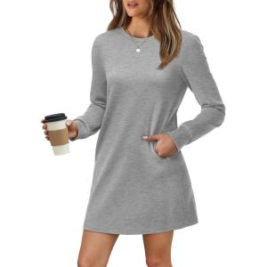 imageWIHOLL Dresses for Women Long Sleeve Casual Loose Fit Fall Fashion Crewneck Mini Dress with PocketsA  Light Grey