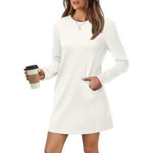 imageWIHOLL Dresses for Women Long Sleeve Casual Loose Fit Fall Fashion Crewneck Mini Dress with PocketsA  White