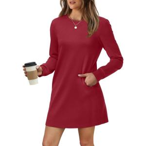 imageWIHOLL Dresses for Women Long Sleeve Casual Loose Fit Fall Fashion Crewneck Mini Dress with PocketsA  Wine Red