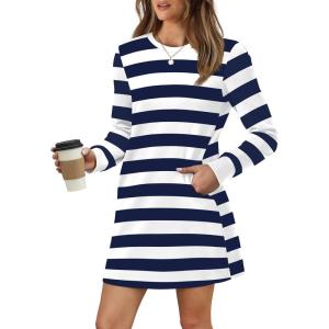 imageWIHOLL Dresses for Women Long Sleeve Casual Loose Fit Fall Fashion Crewneck Mini Dress with PocketsB  Blue Stripe