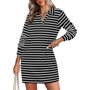 imageWIHOLL Womens Long Sleeve Lapel Collared V Neck Sweatshirt Dress Loose Fit Solid Color Mini Dresses Fall 2024BlackWhite