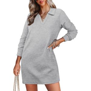 imageWIHOLL Womens Long Sleeve Lapel Collared V Neck Sweatshirt Dress Loose Fit Solid Color Mini Dresses Fall 2024Grey