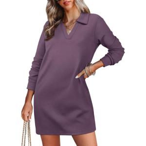 imageWIHOLL Womens Long Sleeve Lapel Collared V Neck Sweatshirt Dress Loose Fit Solid Color Mini Dresses Fall 2024Purple