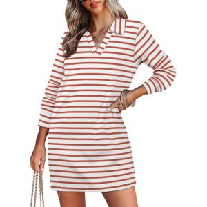 imageWIHOLL Womens Long Sleeve Lapel Collared V Neck Sweatshirt Dress Loose Fit Solid Color Mini Dresses Fall 2024WhiteLight Brown