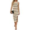 imageWIHOLL Womens Bodycon Summer Casual Midi Sundress Sleeveless Cute Hollow Out Knit Side Slit Striped Long Tank DressApricot