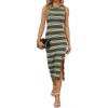 imageWIHOLL Womens Bodycon Summer Casual Midi Sundress Sleeveless Cute Hollow Out Knit Side Slit Striped Long Tank DressArmy Green