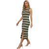 imageWIHOLL Womens Bodycon Summer Casual Midi Sundress Sleeveless Cute Hollow Out Knit Side Slit Striped Long Tank DressArmy Green
