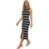 imageWIHOLL Womens Bodycon Summer Casual Midi Sundress Sleeveless Cute Hollow Out Knit Side Slit Striped Long Tank DressBlack