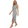 imageWIHOLL Womens Bodycon Summer Casual Midi Sundress Sleeveless Cute Hollow Out Knit Side Slit Striped Long Tank DressGrey