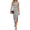 imageWIHOLL Womens Bodycon Summer Casual Midi Sundress Sleeveless Cute Hollow Out Knit Side Slit Striped Long Tank DressGrey
