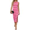 imageWIHOLL Womens Bodycon Summer Casual Midi Sundress Sleeveless Cute Hollow Out Knit Side Slit Striped Long Tank DressHot Pink