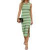 imageWIHOLL Womens Bodycon Summer Casual Midi Sundress Sleeveless Cute Hollow Out Knit Side Slit Striped Long Tank DressLight Green