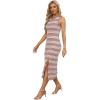 imageWIHOLL Womens Bodycon Summer Casual Midi Sundress Sleeveless Cute Hollow Out Knit Side Slit Striped Long Tank DressPink