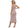 imageWIHOLL Womens Bodycon Summer Casual Midi Sundress Sleeveless Cute Hollow Out Knit Side Slit Striped Long Tank DressPink