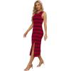imageWIHOLL Womens Bodycon Summer Casual Midi Sundress Sleeveless Cute Hollow Out Knit Side Slit Striped Long Tank DressRed