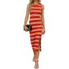 imageWIHOLL Womens Bodycon Summer Casual Midi Sundress Sleeveless Cute Hollow Out Knit Side Slit Striped Long Tank DressRust Red