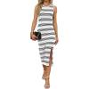 imageWIHOLL Womens Bodycon Summer Casual Midi Sundress Sleeveless Cute Hollow Out Knit Side Slit Striped Long Tank DressWhite