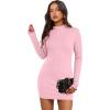 imageWIHOLL Womens Mock Neck Bodycon Dresses Long Sleeve Mini Dress Slim Fit CasualPink