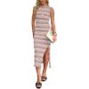imageWIHOLL Womens Bodycon Summer Casual Midi Sundress Sleeveless Cute Hollow Out Knit Side Slit Striped Long Tank DressPink