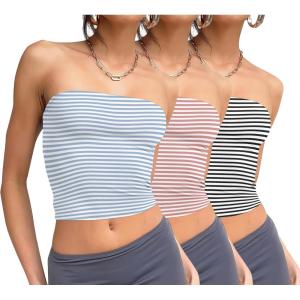 imageWIHOLL 3 Pack Tube Tops for Women Slim Fit Crop Tops Going Out Strapless Tank Tops Bandeau Summer Outfits 2025 Y2K Clothes3 Pack BlackBluePink Stripes