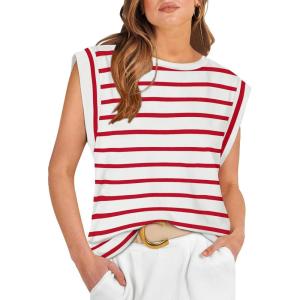 imageWIHOLL Cap Sleeve Tops for Women Summer Top Basic Tee Shirts Casual Tank Loose Fit 2025 FashionF  Redwhite Stripe