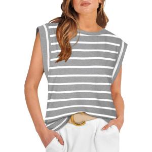 imageWIHOLL Cap Sleeve Tops for Women Summer Top Basic Tee Shirts Casual Tank Loose Fit 2025 FashionG  Greywhite Stripe