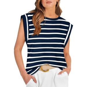 imageWIHOLL Cap Sleeve Tops for Women Summer Top Basic Tee Shirts Casual Tank Loose Fit 2025 FashionH  Navy Bluewhite Stripe