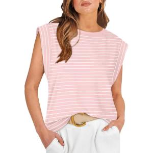 imageWIHOLL Cap Sleeve Tops for Women Summer Top Basic Tee Shirts Casual Tank Loose Fit 2025 FashionP  Pinkwhite Stripe