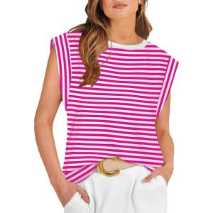 imageWIHOLL Cap Sleeve Tops for Women Summer Top Basic Tee Shirts Casual Tank Loose Fit 2025 FashionS  Fuchsiawhite Stripe