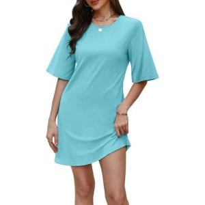 imageWIHOLL Night Gowns for Women Short Sleeve Casual Sleep Shirt Loungerwaer Pullover Tshirts DressesBaby Blue