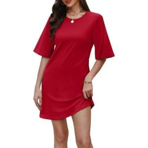 imageWIHOLL Night Gowns for Women Short Sleeve Casual Sleep Shirt Loungerwaer Pullover Tshirts DressesRed
