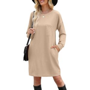 imageWIHOLL Womens Long Sleeve Dress Loose Fit Casual Crewneck Flowy Mini Dresses with Pockets Fall FashionBeige