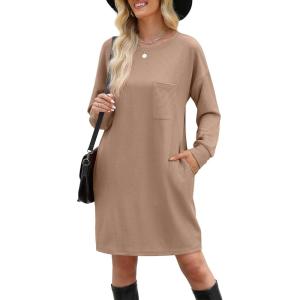 imageWIHOLL Womens Long Sleeve Dress Loose Fit Casual Crewneck Flowy Mini Dresses with Pockets Fall FashionBkhaki