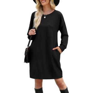 imageWIHOLL Womens Long Sleeve Dress Loose Fit Casual Crewneck Flowy Mini Dresses with Pockets Fall FashionBlack