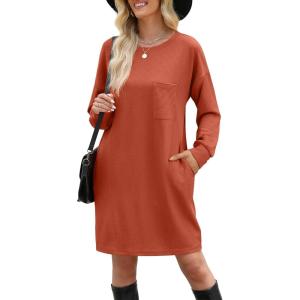imageWIHOLL Womens Long Sleeve Dress Loose Fit Casual Crewneck Flowy Mini Dresses with Pockets Fall FashionCaramel